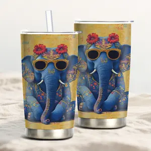 1pcs Car Mug 20oz Gorgeous Gold Ornament Blue Elephant Print Stainless Steel Insulated Mug Suitable for Gifting Portable Car Mug