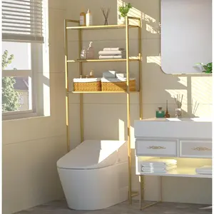 Over The Toilet Storage, Metal 3-Tier Over-The-Toilet Bathroom Organizer Rack, Tempered Glass Shelves, Space-Saving, for Bathroom, Restroom, Laundry, Modern Style, Golden