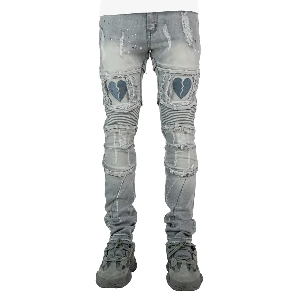 Menswear Distressed Broken Heart Jeans - Grey, Spandex-Blend, Patchwork Design, Embroidered Details, Ripped