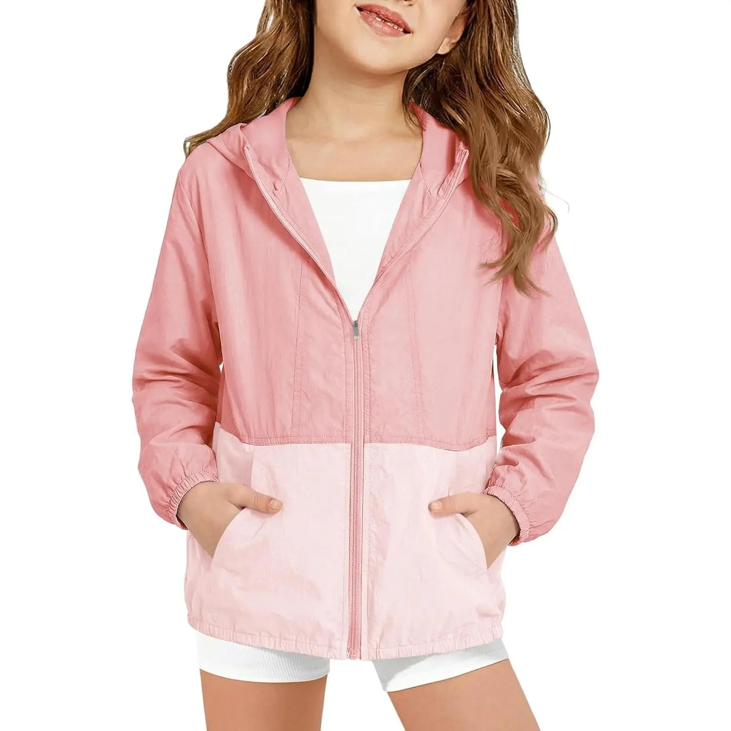 Girls Hooded Jacket Kids Lightweight Color Block Sun Protection Jackets 5-14 Years
