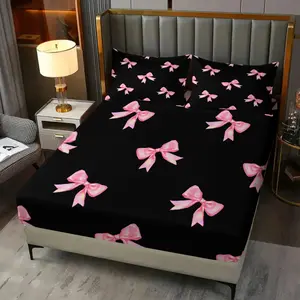 Colorblock Sweet Cool Bow Print Fitted Sheet Set, Includes 2 Pillowcases, Non-Slip Mattress Protector, Deep Pocket Non-Slip Mattress Protector, Durable & Comfortable, Girly Bedroom Decor, Perfect Gift for Besties