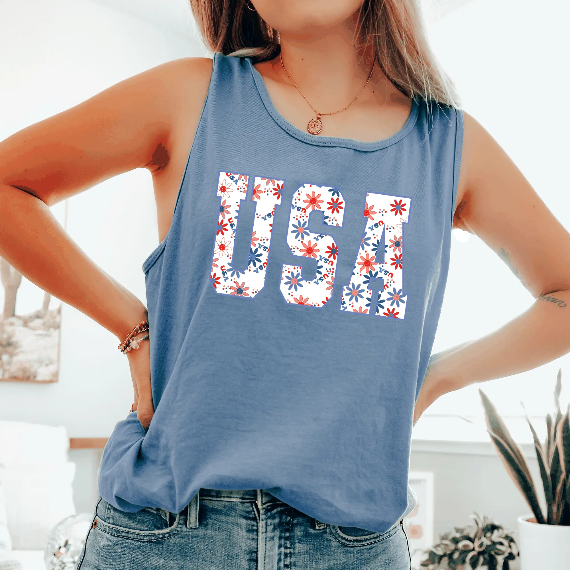 Flower USA, Fourth of July, America, Patriotic, USA Comfort Colors Tank Top, Women's Comfort Colors Tank Top