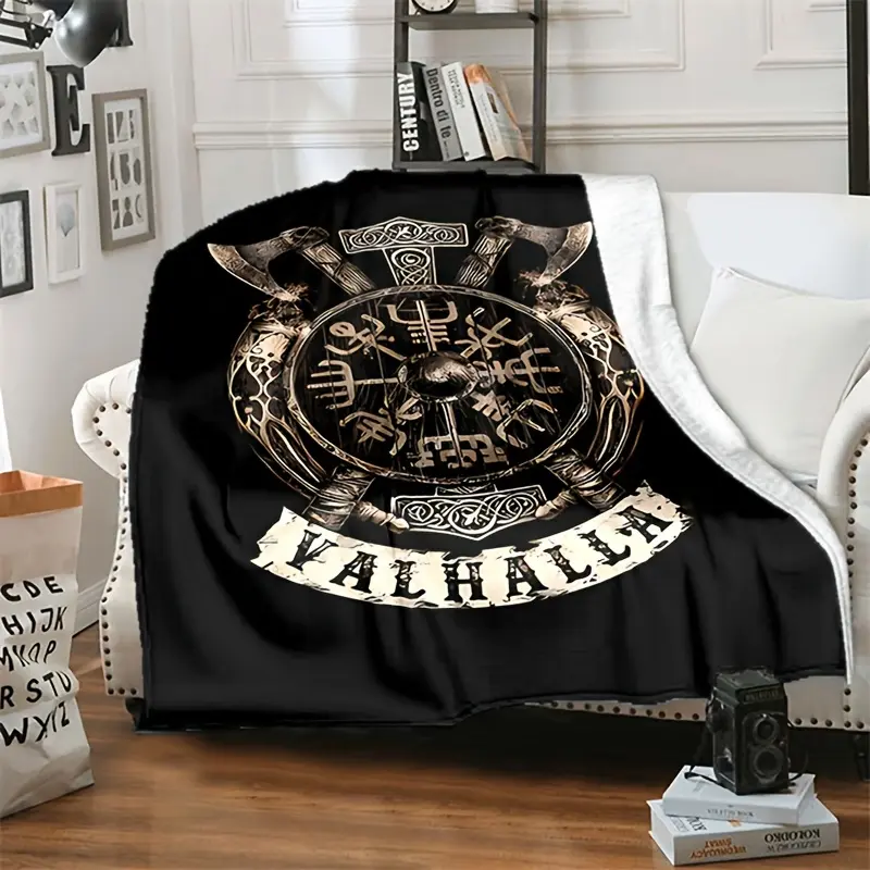 Flanged Blanket, Retro Viking Logo Printing Blanket, Comfortable And Comfortable Blanket, For Camping Sofa Bed And Couch Office, Suitable For Gift Blankets In All Seasons