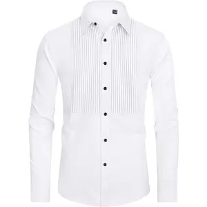 Men's Tuxedo Shirt Formal Dress Shirt Pleated Long Sleeve Button Down Shirts for Prom Party Wedding