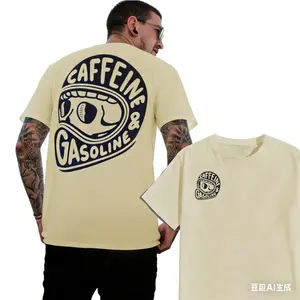 Caffeine & Gasoline Men's Vintage Graphic Tee Retro Motorcycle Style Casual Streetwear Essential Tops Menswear Breathable Basic