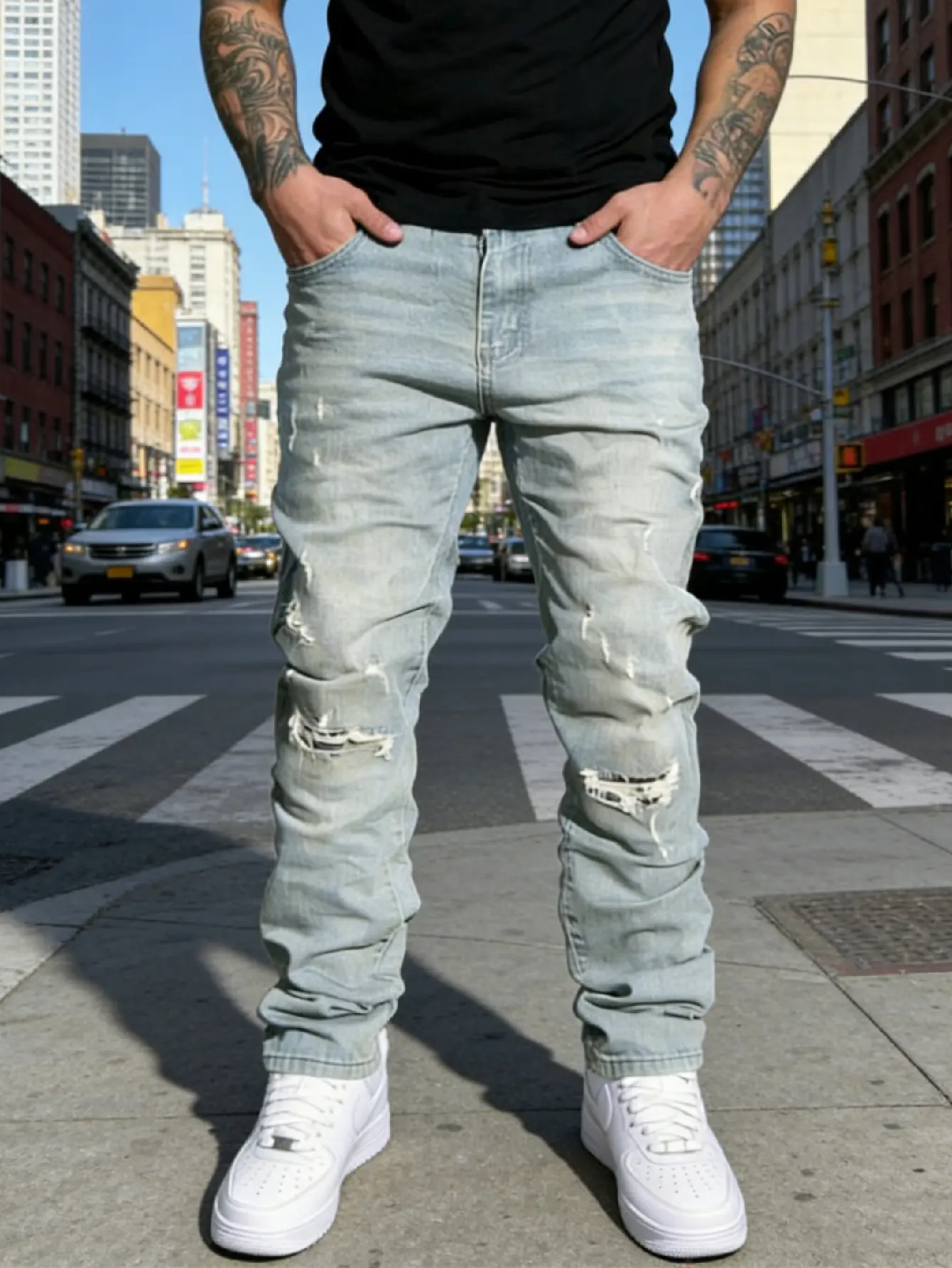 SRETOUU Men's Fashion Streetwear Distressed Holes Baggy Straight Jeans, Men Ripped Loose Denim Pants, Hip Hop Casual Jeans Menswear Classic