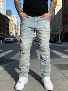 SRETOUU Men's Fashion Streetwear Distressed Holes Baggy Straight Jeans, Men Ripped Loose Denim Pants, Hip Hop Casual Jeans Menswear Classic