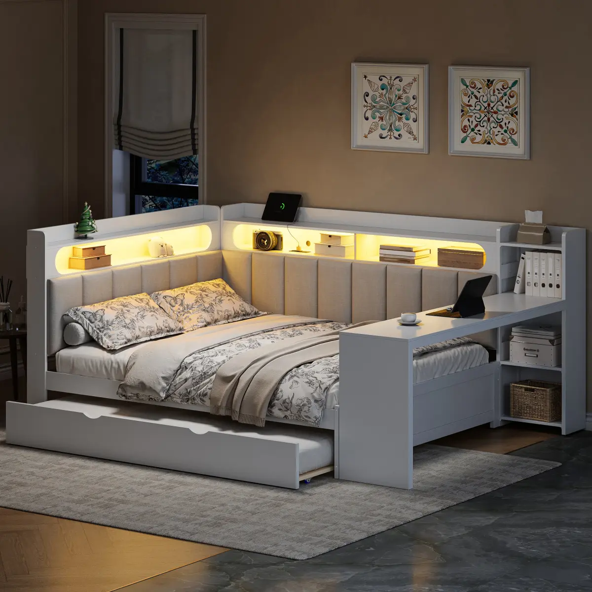 Full Size Platform Daybed Frame with Storage Shelves,Trundle,Charging Station,LED Light,Desk and Upholstered Headboard and Backrest, No Box Spring Needed,White+Beige