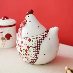 Charming Floral Chicken Ceramic Storage Jar, Microwave Safe Reusable, Flip-Top Sealed Container, Kitchen Organization & Decor