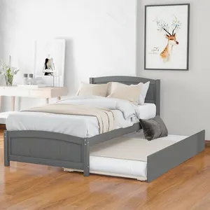 Twin Size Platform Bed with Trundle, Solid Wood Daybed Sofa Bed Frame for Bedroom Living Room Furniture, No Box Spring Needed