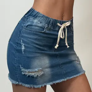 [US Shipping] Women's Blue Distressed Drawstring Denim Mini Skirt - Adjustable Fit, Shiny Trendy Fabric, Machine Washable, All Seasons Casual Essential Bottom, Distressed Denim Skirts