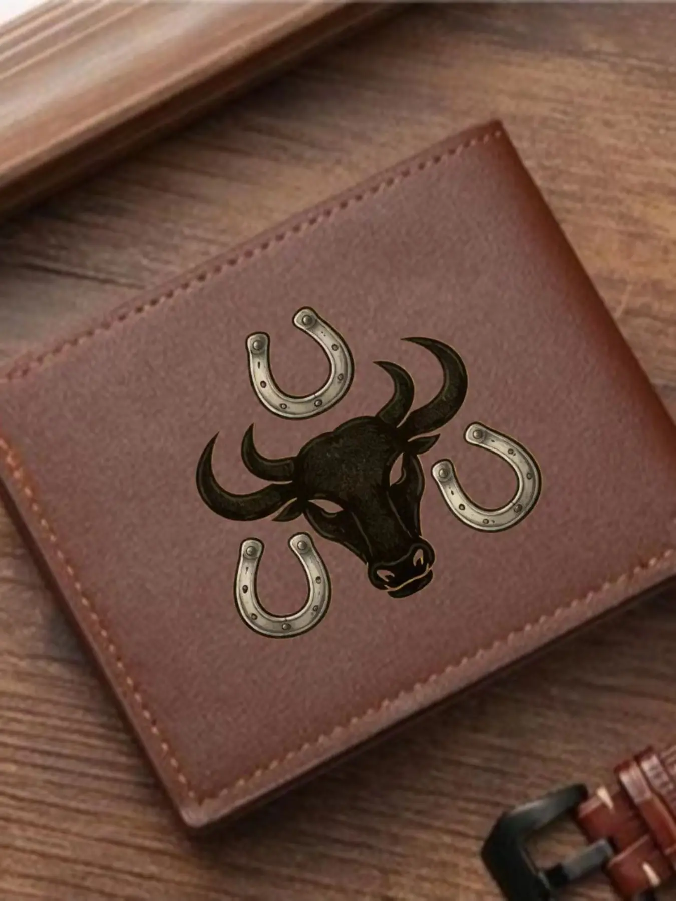 Men's Western Style Horse Shoe Wallet, Vintage PU Leather Two-Fold Short Wallet, Casual Business Gift for Boyfriend