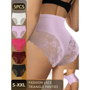 QUASTI 5PCS Women's Cross Design Lace Cut Out Knicker Briefs, Full Coverage Soft Comfy Mix Colors Breathable Underwear, Skin Friendly Elegant Knickers Daily Wear, S-XXL