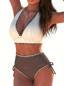 Women's Fashion Sexy Elegant Solid Wave Pattern Halter Top and Thong Swimsuit Set, Fitted Cut Swimwear, Plain Style, Halter Bikini Swimsuit, Halter Neck Bikini