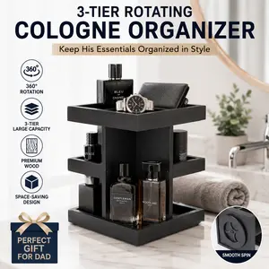 3-Tier Geometric Rectangle Wooden Rotating Cologne Organizer - Father's Day Gift for Dad, Smooth Space-Saving Vanity Shelf for Men, Bathroom Counter Home Organizer