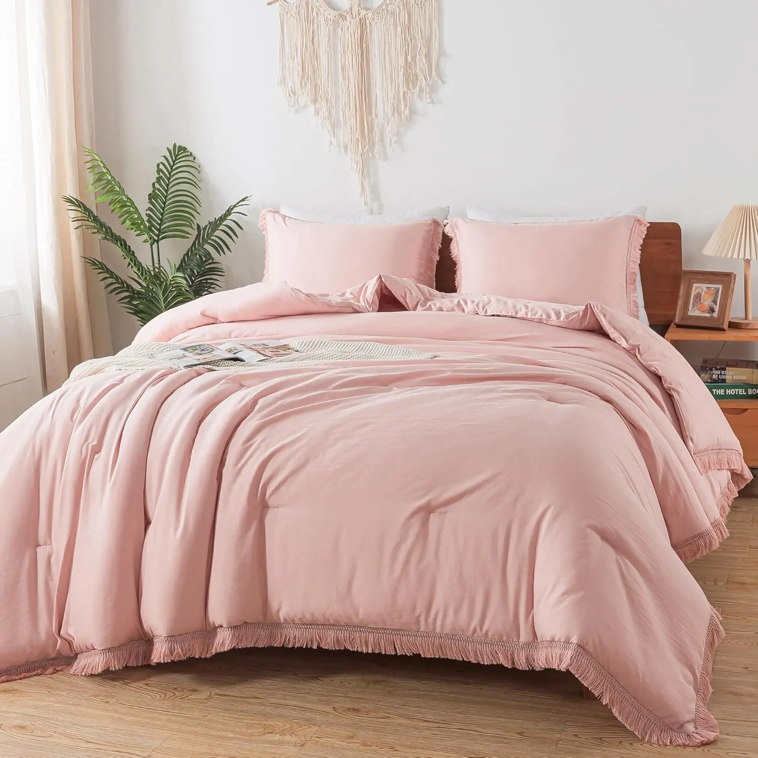 Pink Comforter California King for, Blush Boho Women Tassel Lightweight Comforter Sets, 3 Fluffy Fringe (104x96In Comforter  2 Pillowcases)