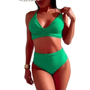 Bright Green Ribbed Halter Bikini Set | High-Waist Tummy-Control Swimsuit for Women, Solid Green Wrap-Front Bikini | High-Waist Two-Piece Swimwear, 2026 New Green Ribbed Bikini | Halter-Neck High-Waist Bathing Suit