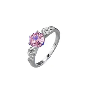 Pink Rose Ring for Women, Silver CZ Diamond Floral Statement Ring, Romantic Flower Promise Ring, Elegant Fashion Jewelry, Daily Wear Gift Accessory