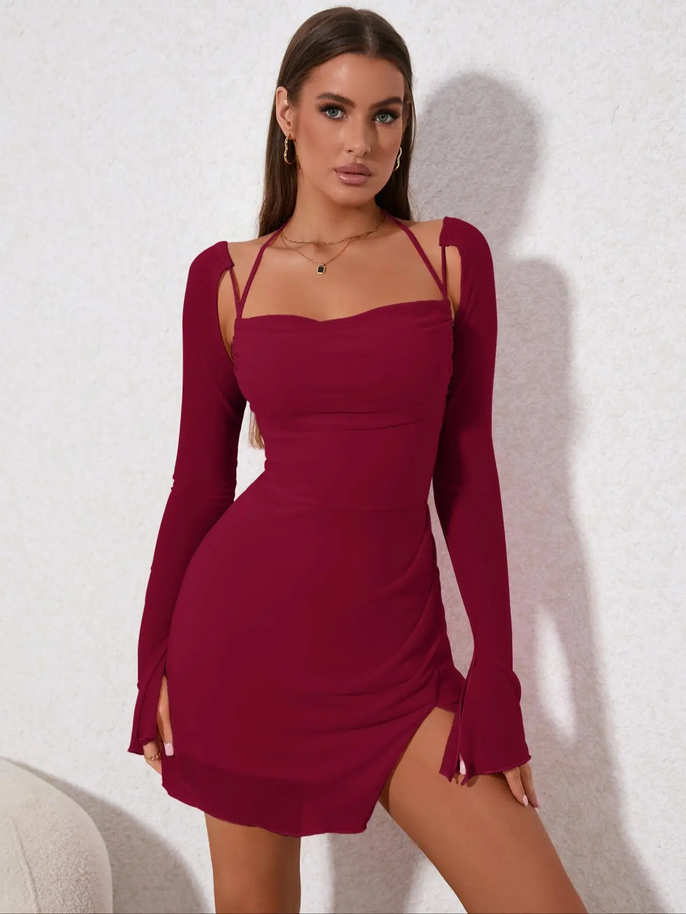 Women's Long Sleeve Cowl Neck Tie Back Halter Split Bodycon Mini Dress, Back To School Outfits for Christmas, Valentine's Day Contrast Mesh Flounce Sl