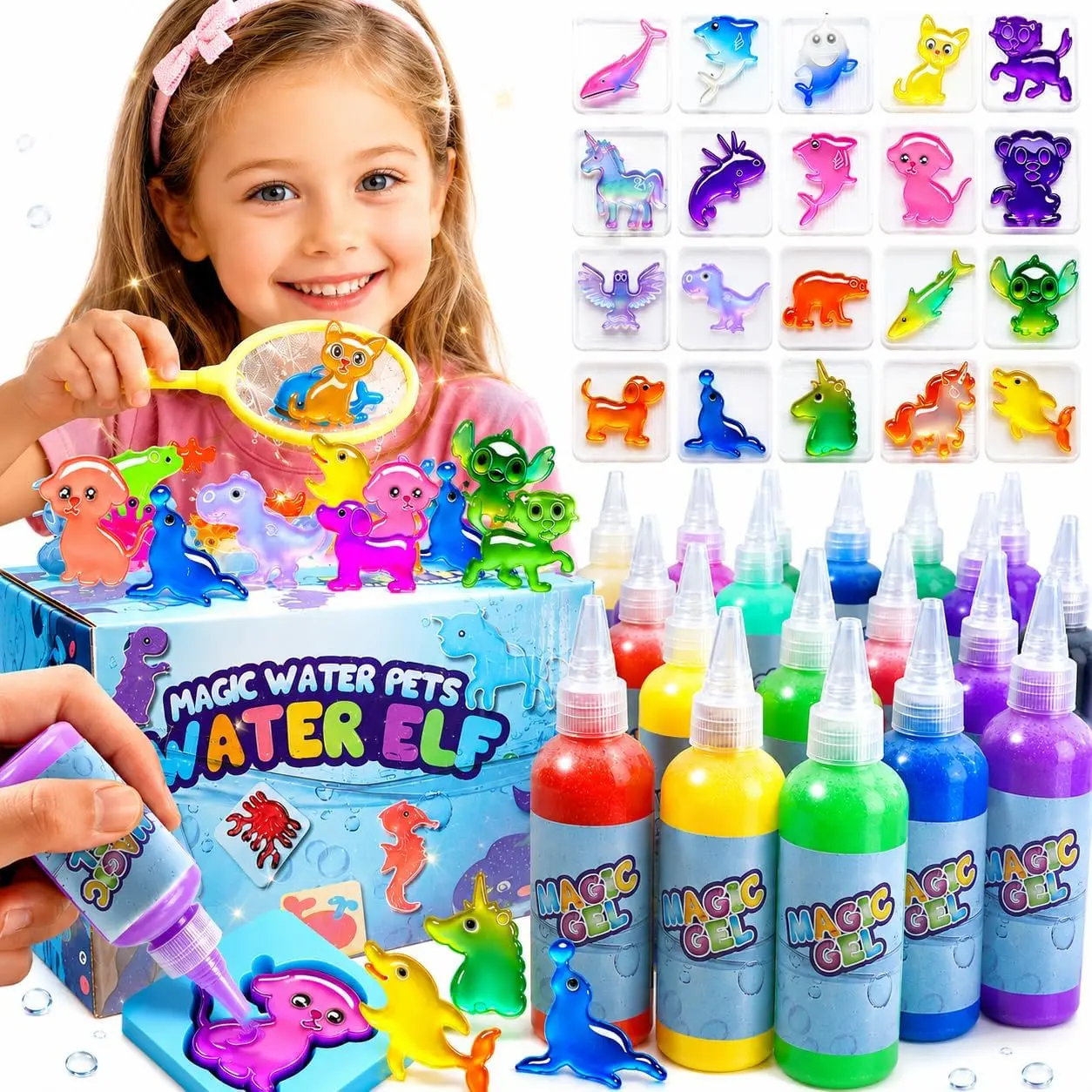 2026 Upgraded More Fun Magic Water Elf Toy Kit–Squishies for Kids, 20 Gels & 10 Molds, Magic Gel Water Pets Sensory Toy, Fun DIY Craft Kit, Party Favors, Birthday & Christmas Gifts for Kids Ages 3+