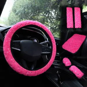 6 Pcs Bling Heart Sequins Fuzzy Car Steering Wheel Cover Set, Soft Fluffy Plush Warm Winter Accessories, Universal Fit for Women Girls, Girly Car Interior Sets