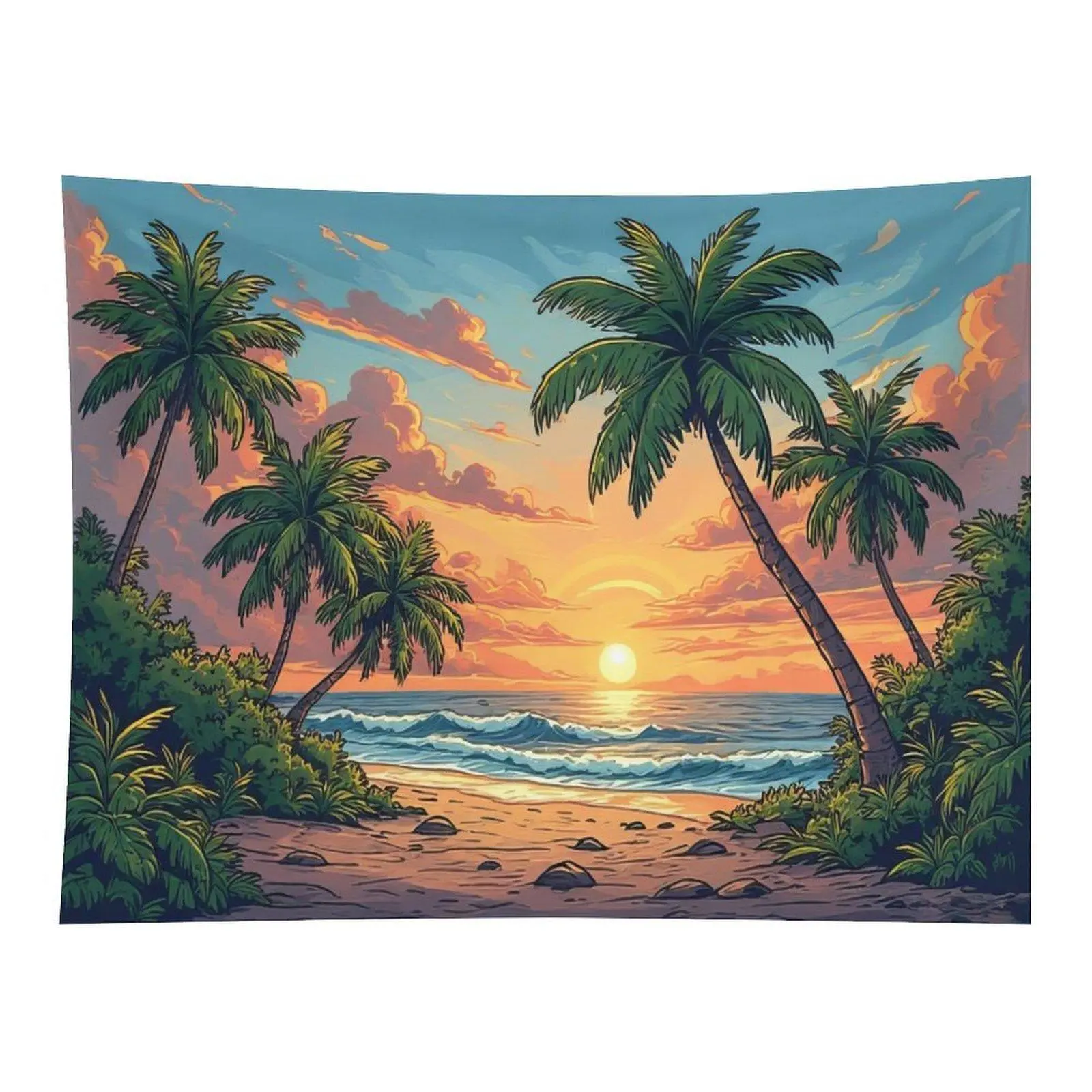 Tropical Beach Sunset Wall Tapestry Palm Tree Ocean Wave Scenery Vibrant Sunset Seaside Nature Art Wall Hanging for Living Room Dorm Home Decor
