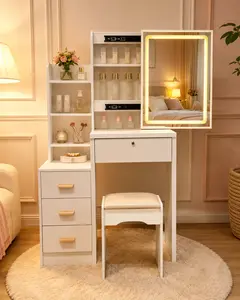 Small Space-Saving Makeup Vanity Table with 3-Color LED Hidden Mirror, Storage Cabinet, All-in-1 Beauty Station for Small Indoor Spaces