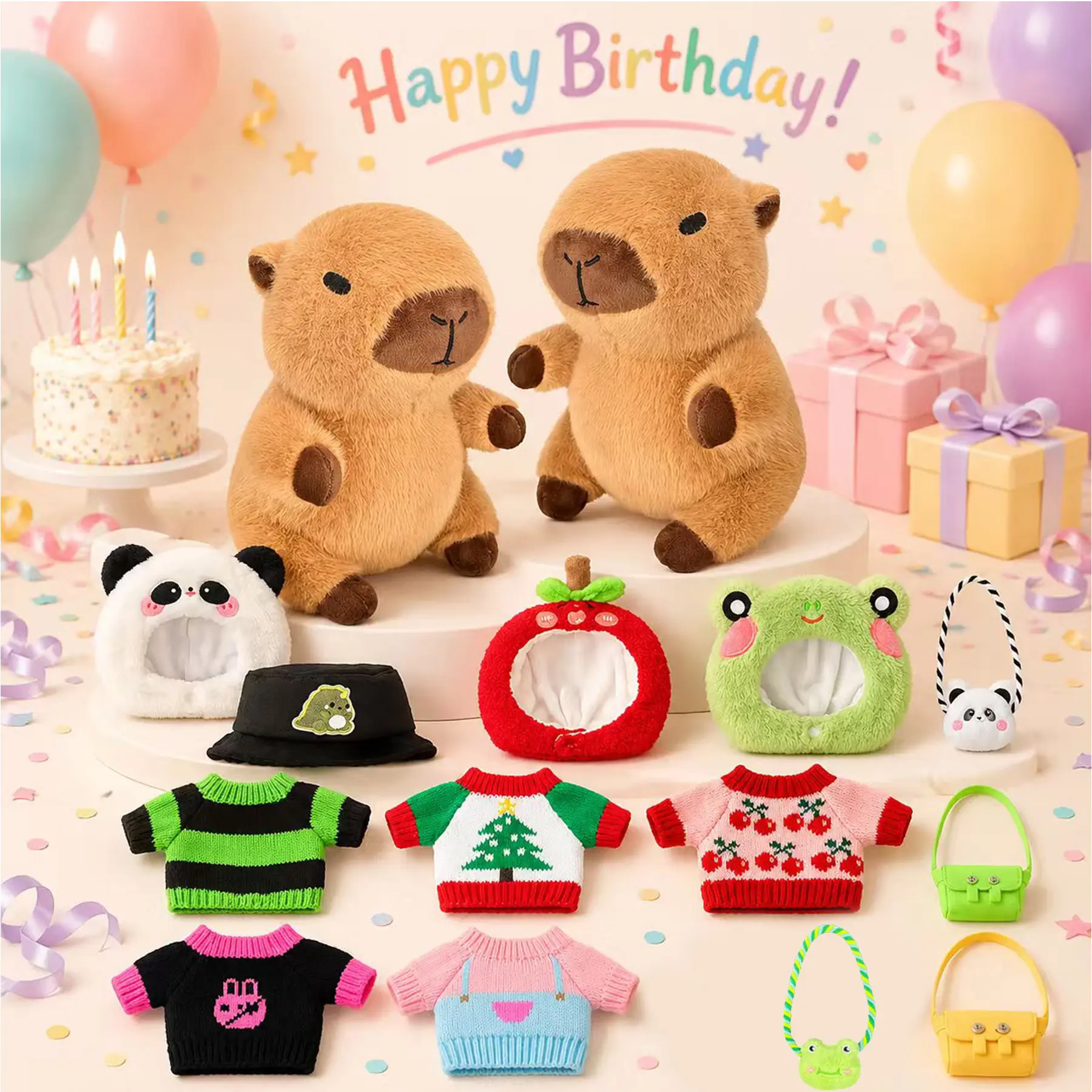 soft adorable huggable Capybara kawaii plush Set with Outfit Accessories - kids Stuffed Animal Gift with Sweaters, Hats, Mini Bags - Cute Dress-Up Toy for Room clothing decoration , father day Gift Giving girlygifts romantic occasion perfect valentine