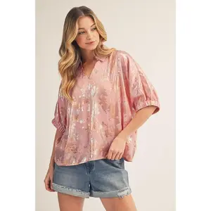 Jodifl Drop Shoulder Dolman Sleeve Collared Metallic Top