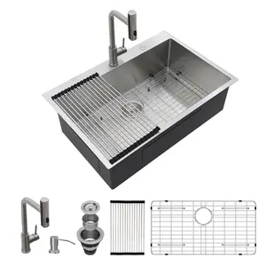 Lordear 30/33"x22" Drop In Kitchen Sink with Pull-out Faucet Single Bowl 16 Gauge Stainless Steel Sink Topmount Kitchen Sink with Soap Dispenser