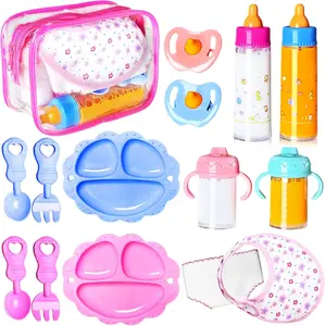15Pcs Baby Doll Accessories Magic Bottle Set Pretend Play Feeding Toy with Juice Milk Bottles Sippy Cups Pacifiers Bowl Spoons Bib Diaper Dolls Feeding Kit for Kids Girls Party Gift