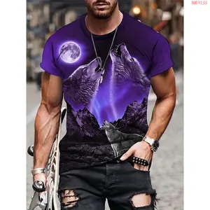 Bmuvlss Men's 3D Wolf Duo Graphic T-Shirt - Edgy Purple & Black, Stretch Polyester Blend, Crew Neck, Short Sleeve, Casual Streetwear, Machine Washable