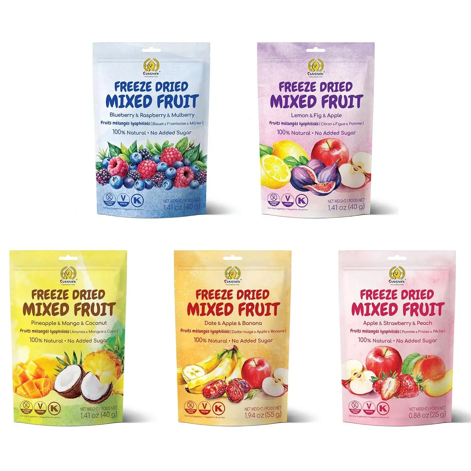 SUNGIVEN Freeze Dried Fruit Crisps 10+ Fruits Mixed Variety Pack, Health Snacks for Kids Adult, 5 Bag 7.06 Oz