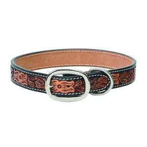 Weaver Leather Floral Tooled Dog Collar - Premium Light Oiled Antiqued Leather with Stainless Steel Hardware 3/4" x 13"