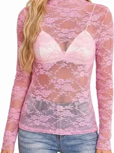 Women's Lace Long Sleeve Mesh Top Mock Neck Sheer Blouse with Floral Pattern for Layering & Stylish Outfits Gothic Chic Elegant Summer Shirts