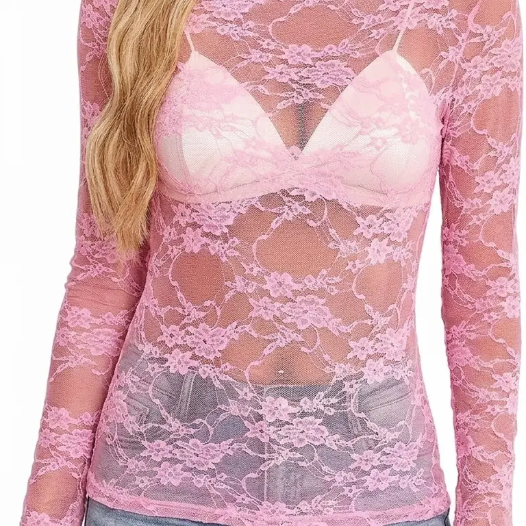 Women's Gothic Aesthetic Mock Neck Lace Mesh Longsleeve Blouse - Floral Pattern, Elegant Sheer Lace Long Sleeve Top for Layering, Stylish Outfits & Parties, Party
