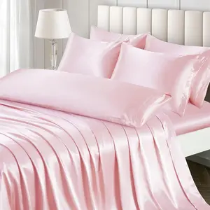 4 Pieces Sheets Set Twin Size, Luxury Blush Pink Bed Sheets Set with 1 Deep Fitted Sheet, 1 Soft Flat Sheet, 1 Queen Pillowcases and 1 Body Pillowcase
