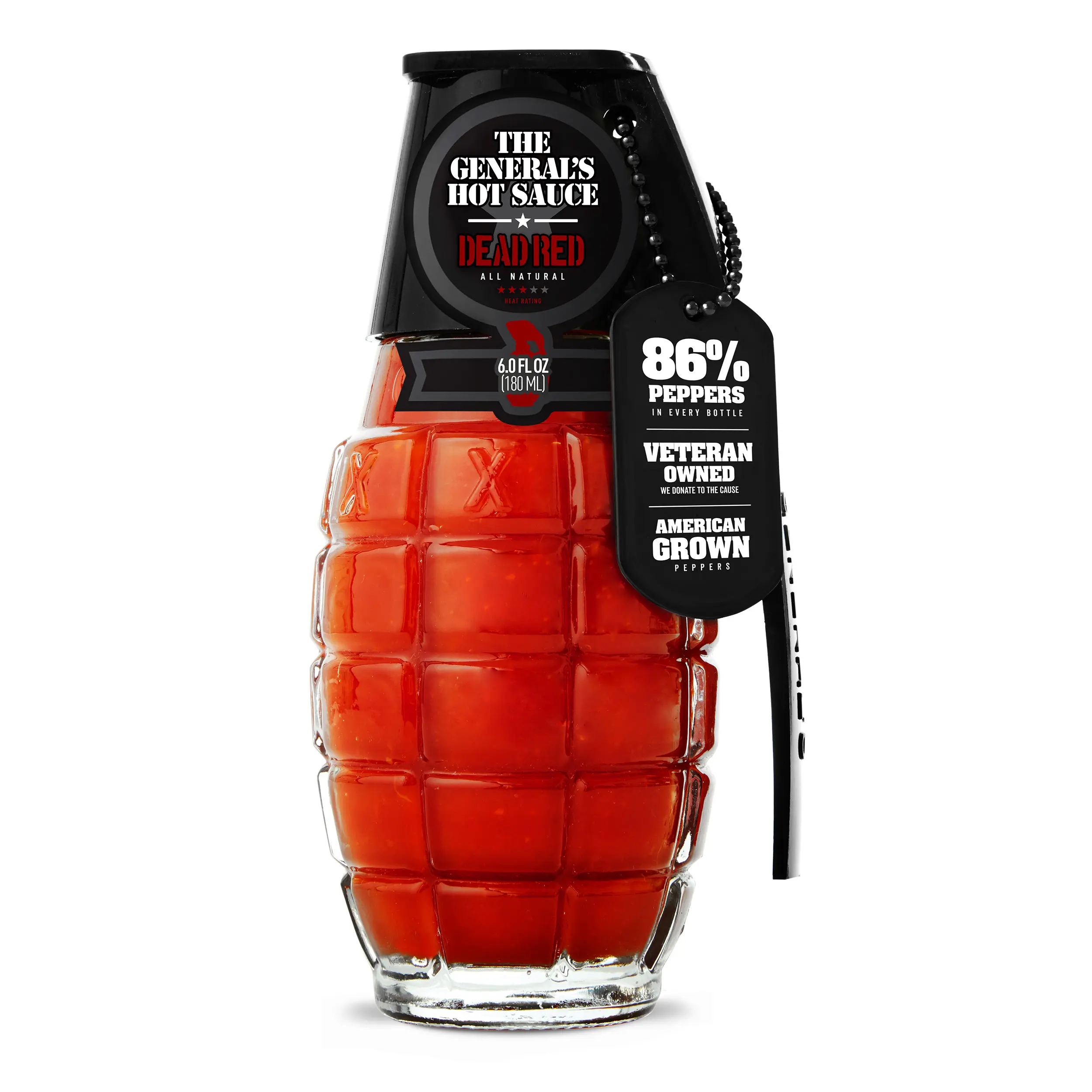 The General's Hot Sauce - Dead Red - 86% Red Cayenne Peppers, Medium Heat, Gluten Free, Veteran-Owned, American-Grown, 6 oz, Grenade-Shaped Bottle, Perfect for Wings & BBQ