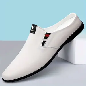 Men's Summer Slip-On Mules - Breathable Split Leather Upper, Non-Slip Rubber Sole, Comfortable PU Inner Lining, Round Toe Design, White Footwear