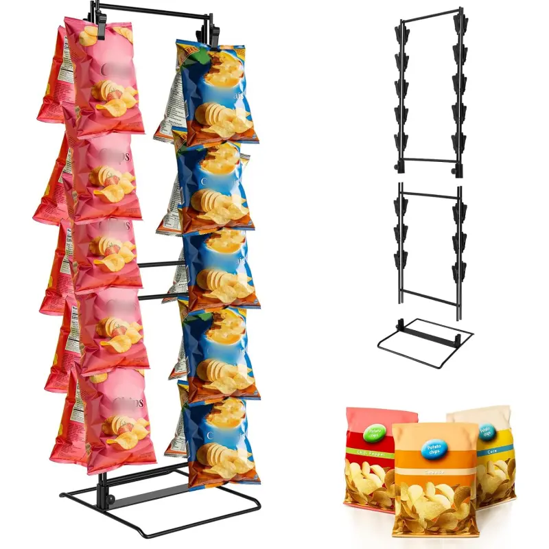 Snack Chip Display Rack with 28 Strong Clips, Tool-Free Assembly Space-Saving Vertical Snack Holder, Stable Multi-Purpose Display Stand for Retail, Food Truck, Home Party & Small Merchandise Showcase