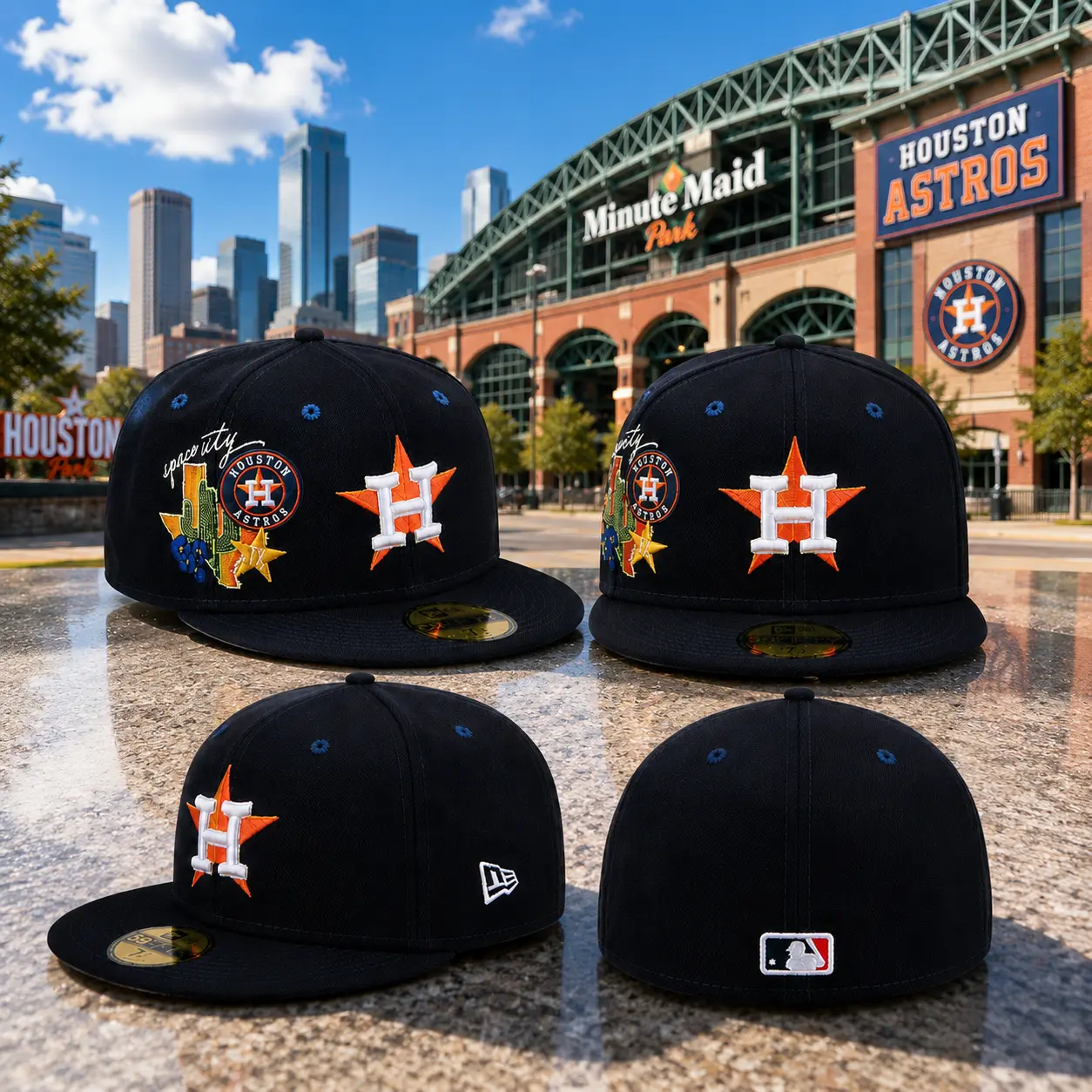 Houston City H Logo Black Fitted Cap – Flat Brim Embroidered Baseball Streetwear Hat