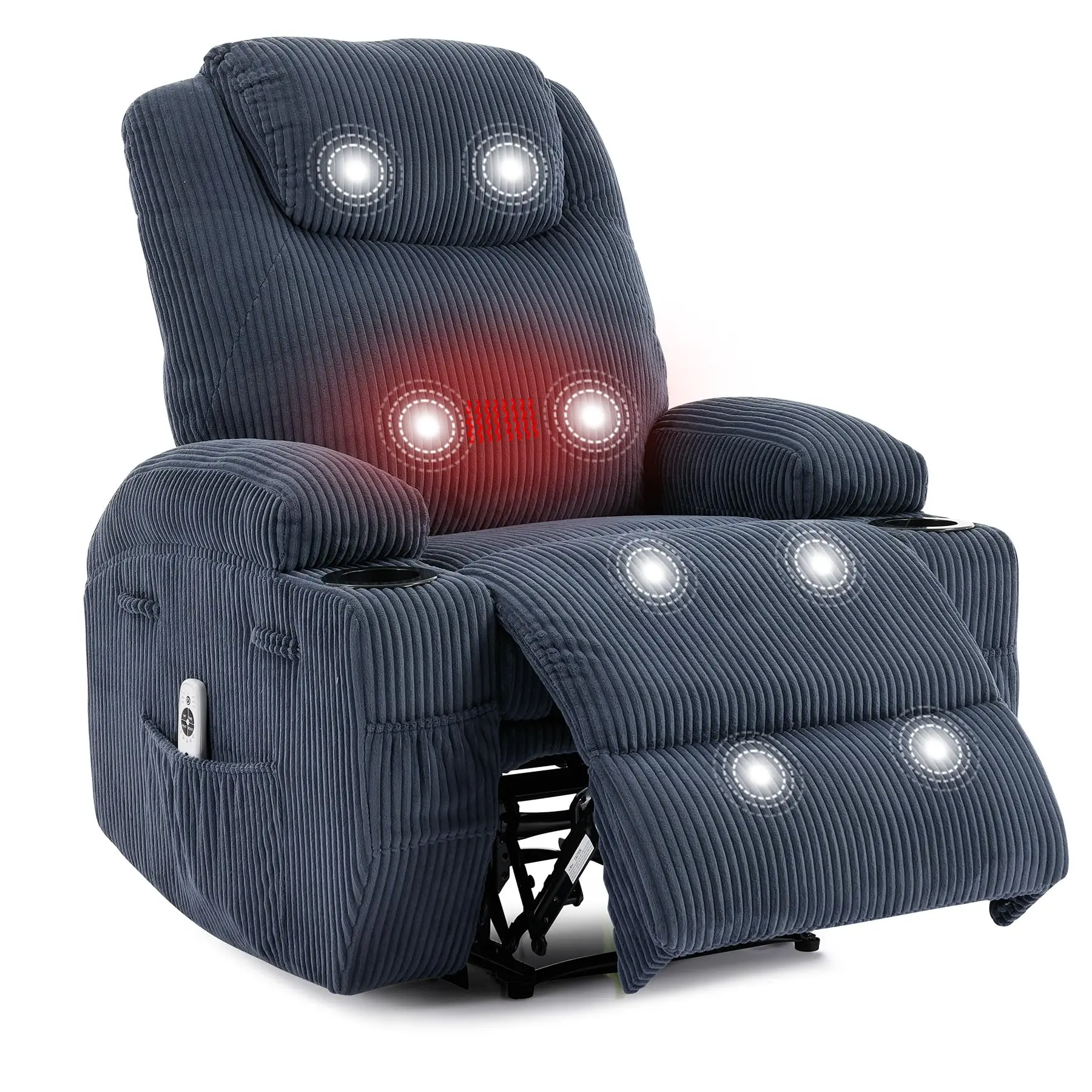 Blue Corduroy Fabric Ultra-Comfy Electric Power Recliner Armchair - Adjustable Backrest Loungers, 2 Side Pockets, USB Port, 54cm Seat Width, Anti-Static Treatment, Low-Noise Operation, Tool-Free Assembly, Small Space-Friendly for Adults, Adults' Needs