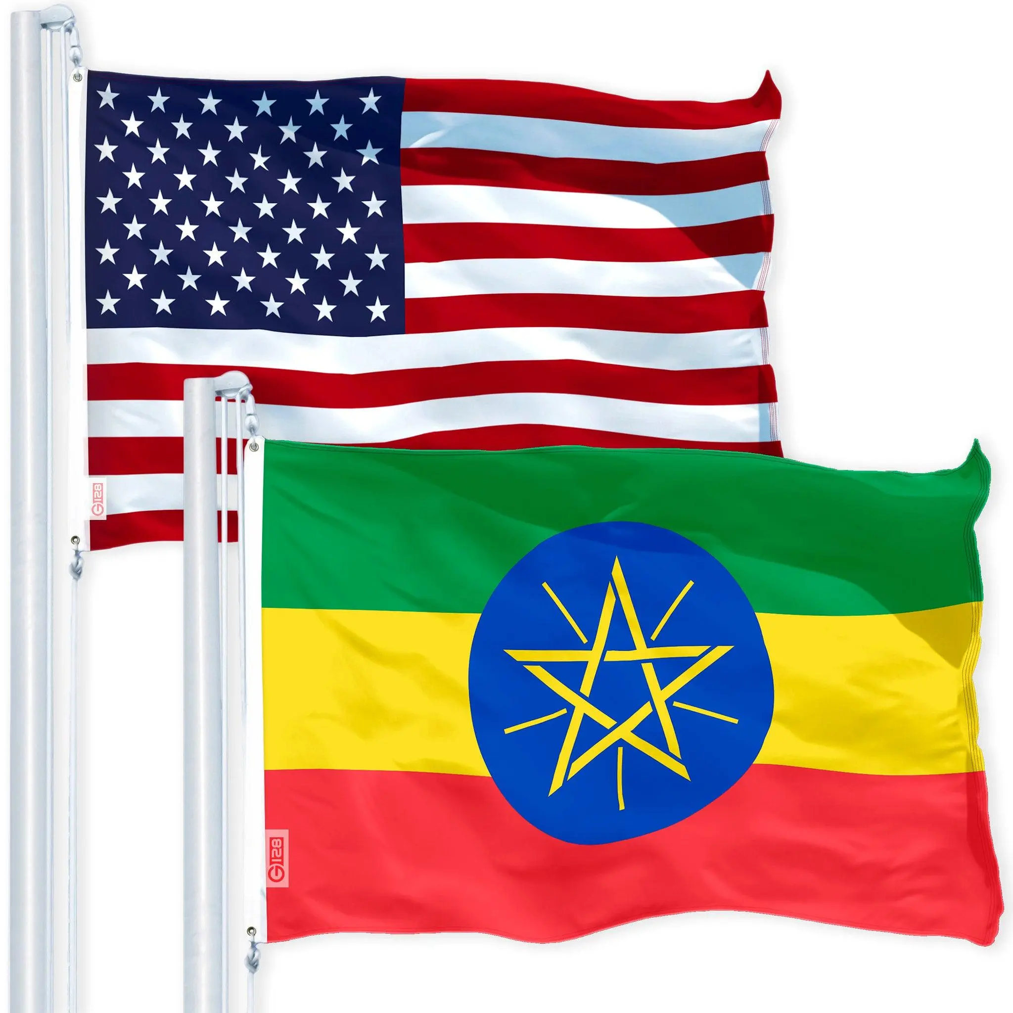 G128 Combo Pack: USA  3x5 Ft 150D Printed Stars & Ethiopia Flag 3x5 Ft 150D Printed
