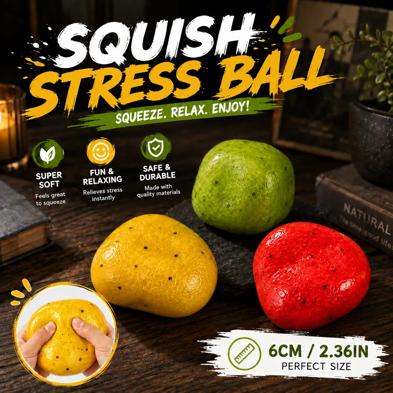 Squish Stress Ball - Super Soft, Fun & Relaxing, Safe & Durable, 6CM/2.36IN Perfect Size, Ideal for Stress Relief