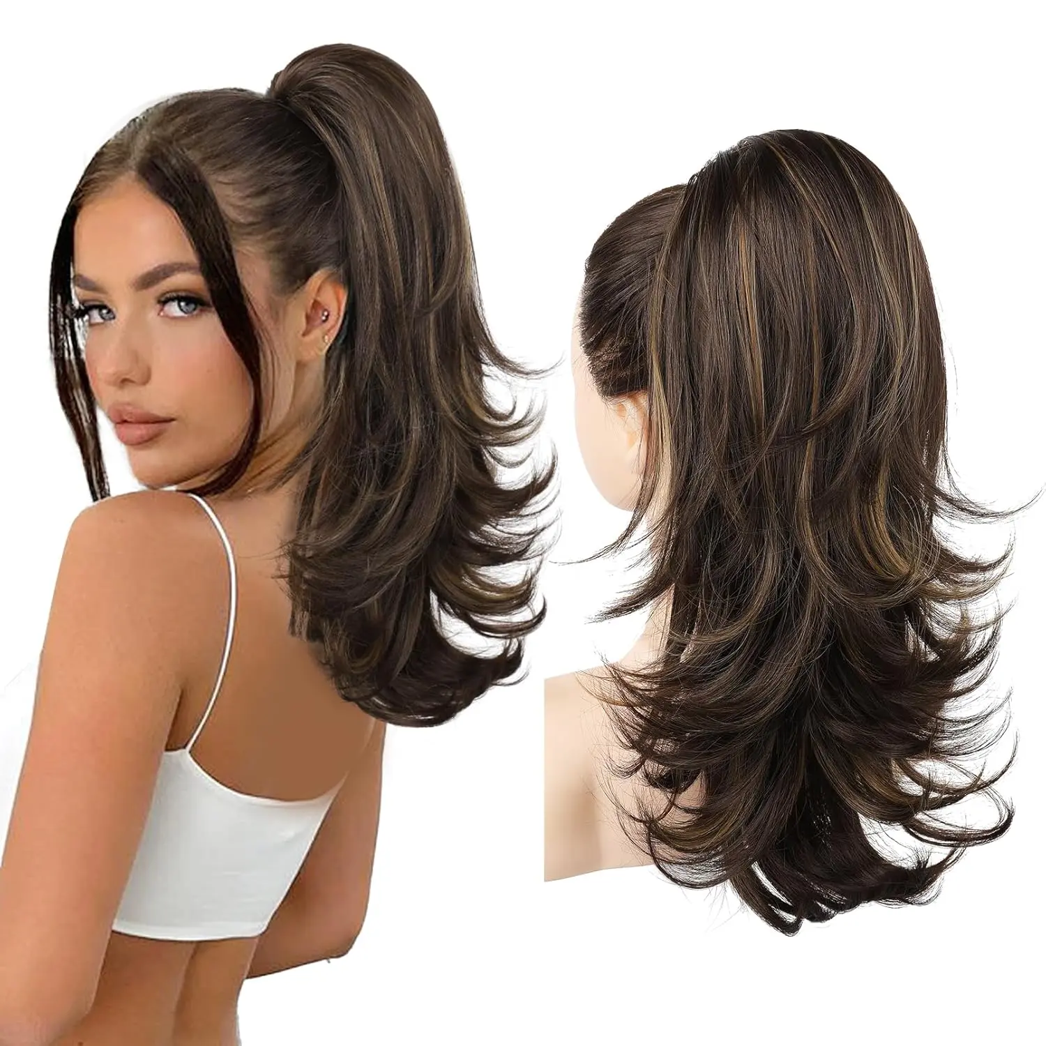 Ponytail Extension for Women,18 Inch Layered Wavy Pony Tail Hair Extensions,  Drawstring Ponytail Synthetic Hairpiece for Daily Wear (Brown with Blonde Highlights)