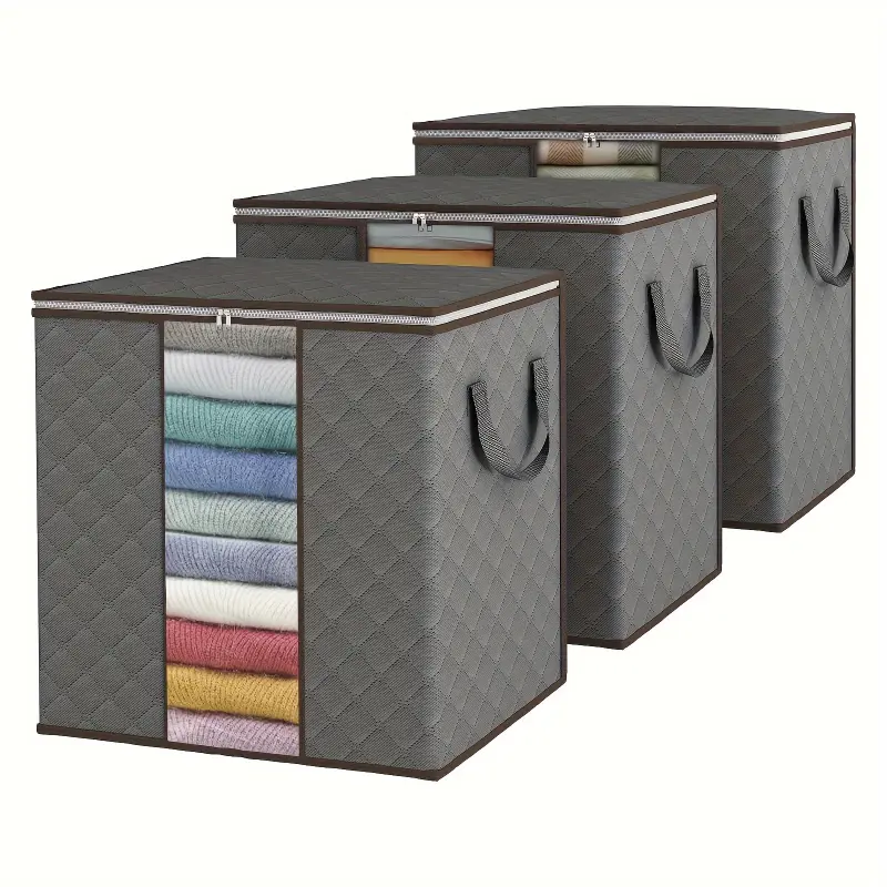 [3pcs Large Waterproof Storage Bins] 3pcs Large 26.42 Gallon Storage Bins - Foldable, Waterproof Organizer for Clothes & Blankets with Reinforced Handles - Perfect for Bedroom, Wardrobe, and Closet Organization, Gray, Under-Bed Storage