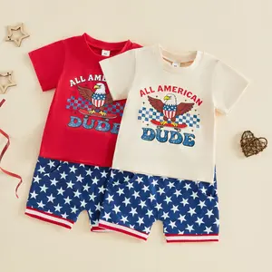 Babamoon Kids Toddler Baby Boy 4th of July Outfits Set Patriotic Short Sleeve Eagle Print Tops T shirt with Star Print Shorts 2Pcs Summer Independence Day Clothes Set