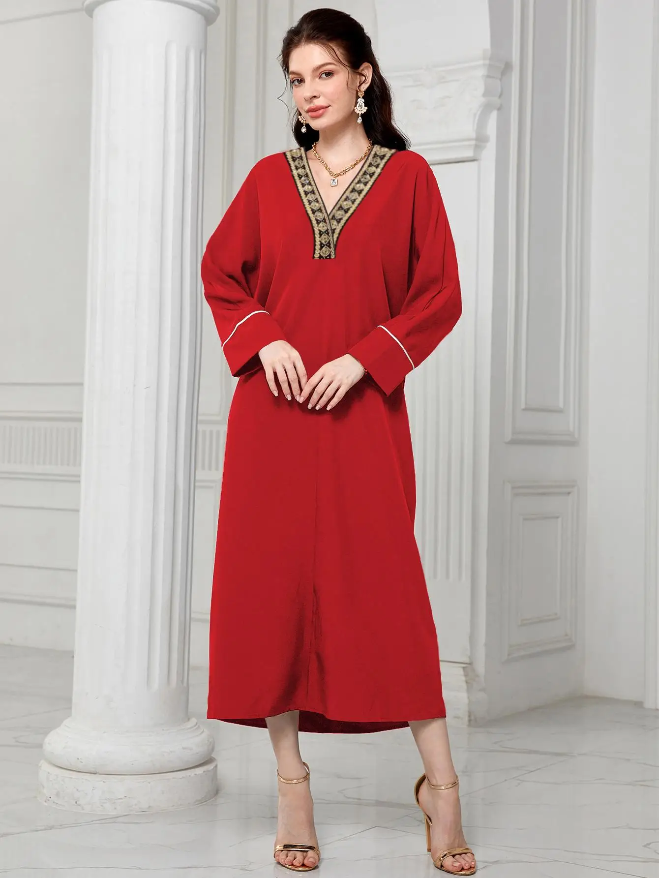 Arabic Clothing-Contrast Lace V Neck Long Sleeve Dress, Summer Clothes Women, Modest Long Arabian Dress, Muslim Dress For Women Daily Wear, 2024 New W