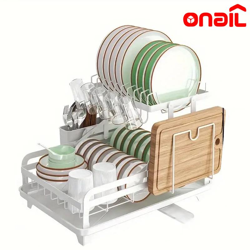 ONAIL Large Dish Drying Rack for Kitchen Counter, Detachable Large Capacity Dish Drainer Organizer with Utensil Holder, Rust-Proof Design, White