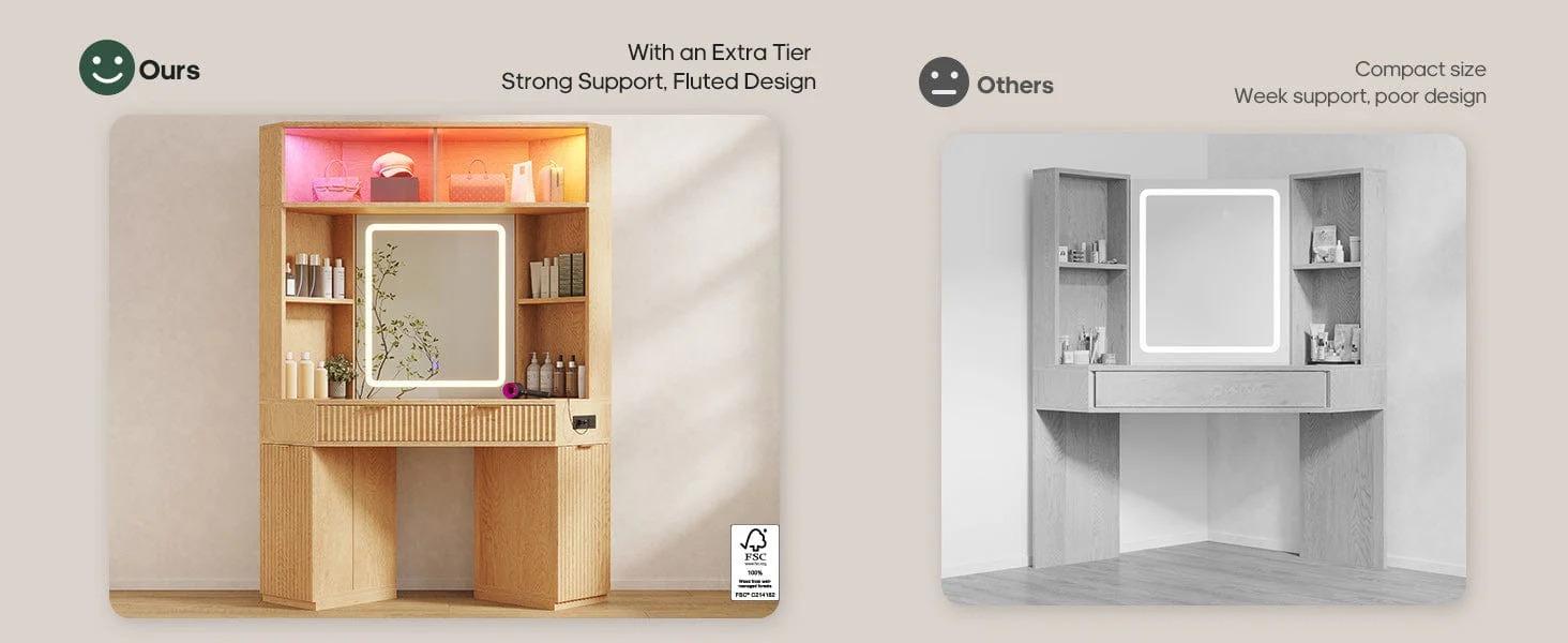 Sikaic Makeup Vanity with Sound Sync LED Lights and Glass Top Luxury Fluted Wooden Corner Vanity Desk with Mirror, Power Outlet, Shelves, Drawers and Cabinets